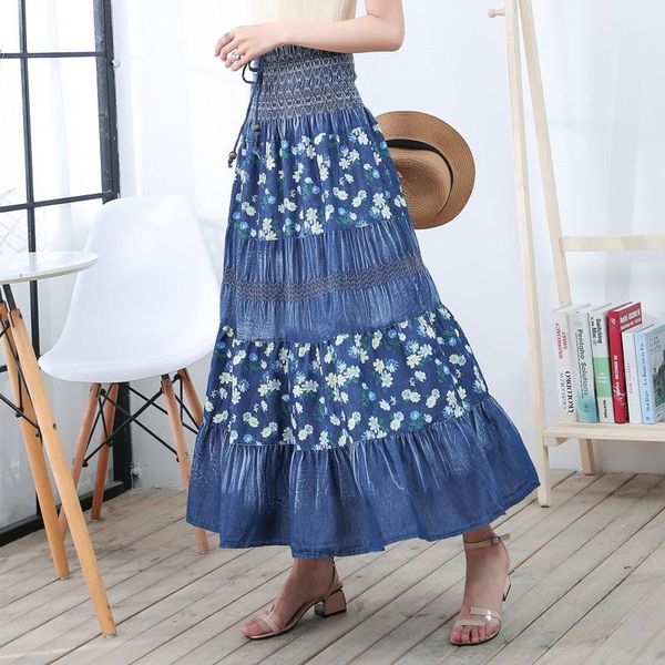 national style denim long skirts womens 2021 spring summer elastic high waist lace-up floral pattern pleated a line skirt, Black
national style denim long skirts womens 2021 spring summer elastic high waist lace-up floral pattern pleated a line skirt, Black