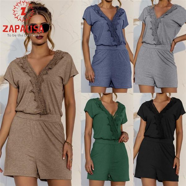 women's t-shirt fashion women summer solid color playsuits patchwork design lace decor v-neck short sleeve mid waist casual loose jumps, White
women's t-shirt fashion women summer solid color playsuits patchwork design lace decor v-neck short sleeve mid waist casual loose jumps, White