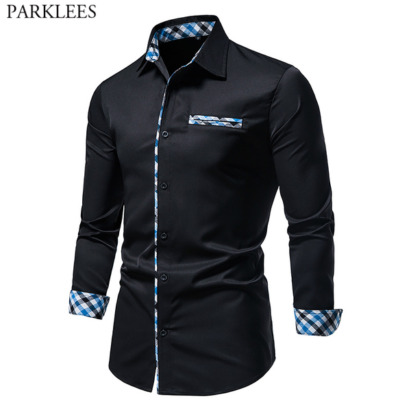 men's dress shirts parklees mens classic plaid patchwork 2021 fashion brand long sleeve shirt men business formal button down chemise, White;black
men's dress shirts parklees mens classic plaid patchwork 2021 fashion brand long sleeve shirt men business formal button down chemise, White;black