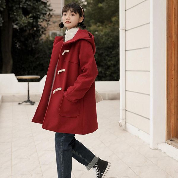 women's wool & blends female woolen hooded women horn button slim overcoats solid color 2021 autumn winter korean style ladies outwear, Black
women's wool & blends female woolen hooded women horn button slim overcoats solid color 2021 autumn winter korean style ladies outwear, Black
