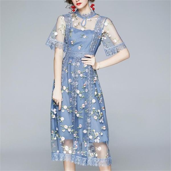 women summer elegant embroidery mesh dress festa blue wedding party robe femme vintage designer vestidos 210603, Black;gray
women summer elegant embroidery mesh dress festa blue wedding party robe femme vintage designer vestidos 210603, Black;gray