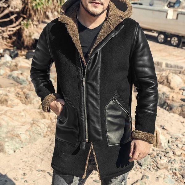 men's fur & faux winter mens thick lining mid long leather jacket patchwork hoody overcoat bikers slim fit casual warm pu coat, Black
men's fur & faux winter mens thick lining mid long leather jacket patchwork hoody overcoat bikers slim fit casual warm pu coat, Black