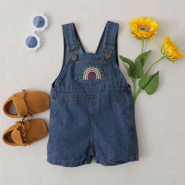 jumpsuits baby kids denim suspender pants square neck shoulder buttons rainbow embroidered front pocket romper, Blue
jumpsuits baby kids denim suspender pants square neck shoulder buttons rainbow embroidered front pocket romper, Blue