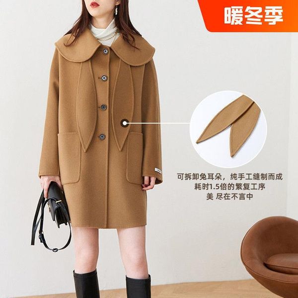 women's wool & blends camel double faced coat small winter ear big lapel tweed middle long, Black
women's wool & blends camel double faced coat small winter ear big lapel tweed middle long, Black