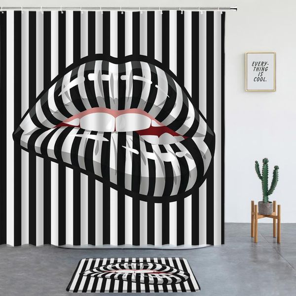 shower curtains black and white stripes set red lips non-slip rug washable bathroom decor screen bath mat entrance door 
shower curtains black and white stripes set red lips non-slip rug washable bathroom decor screen bath mat entrance door