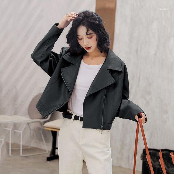 women's leather & faux loose motorcycle pu jacket solid color women short coat 2021 all match autumn coats for women1, Black 
women's leather & faux loose motorcycle pu jacket solid color women short coat 2021 all match autumn coats for women1, Black