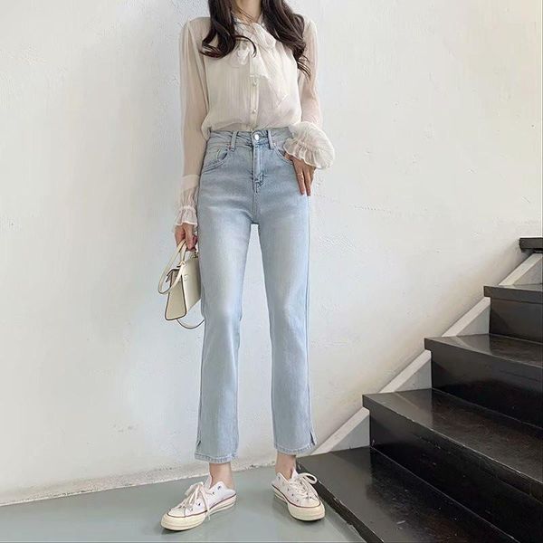 women's jeans summer style washed solid color high waist split women, slim straight leg classic nine-point women, Blue
women's jeans summer style washed solid color high waist split women, slim straight leg classic nine-point women, Blue