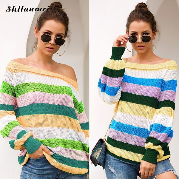women's sweaters off shoulder sweater colorful striped fashion streetwear long sleeve knitted women pullover 2021 loose autumn jumper, White;black
women's sweaters off shoulder sweater colorful striped fashion streetwear long sleeve knitted women pullover 2021 loose autumn jumper, White;black