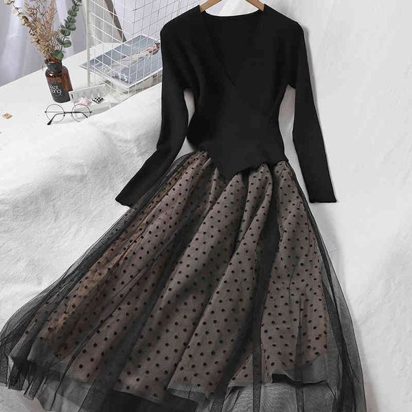 autumn women knitted patchwork long dress vintage v-neck sleeve polka dot mesh dresses elegant fake 2pcs vestidos 210426, Black;gray
autumn women knitted patchwork long dress vintage v-neck sleeve polka dot mesh dresses elegant fake 2pcs vestidos 210426, Black;gray