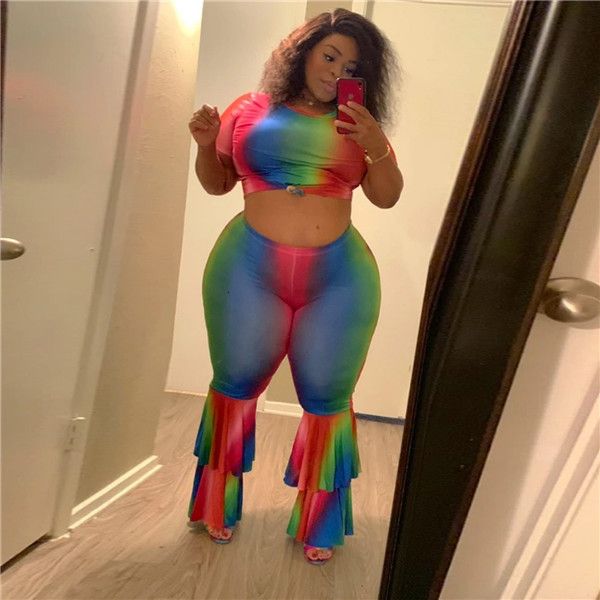 tracksuits clothing set rainbow color short sleeve o neck crop flare pants sets plus size women two piece outfits, Black
tracksuits clothing set rainbow color short sleeve o neck crop flare pants sets plus size women two piece outfits, Black