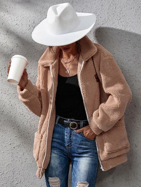 patched detail dual pocket drop shoulder fleece jacket a0wp#, Black;brown
patched detail dual pocket drop shoulder fleece jacket a0wp#, Black;brown