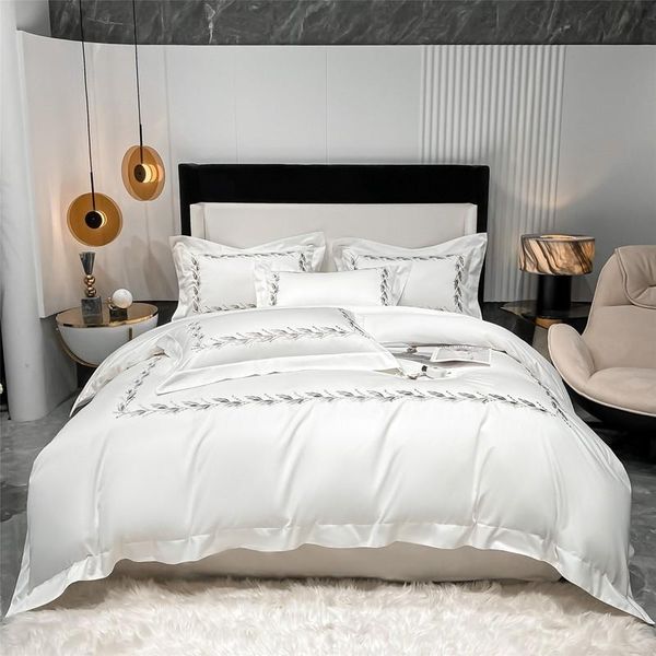bedding sets 4pcs duvet cover set 1000tc egyptian cotton leaves embroidered white green  king size bed sheet pillow shams 
bedding sets 4pcs duvet cover set 1000tc egyptian cotton leaves embroidered white green  king size bed sheet pillow shams