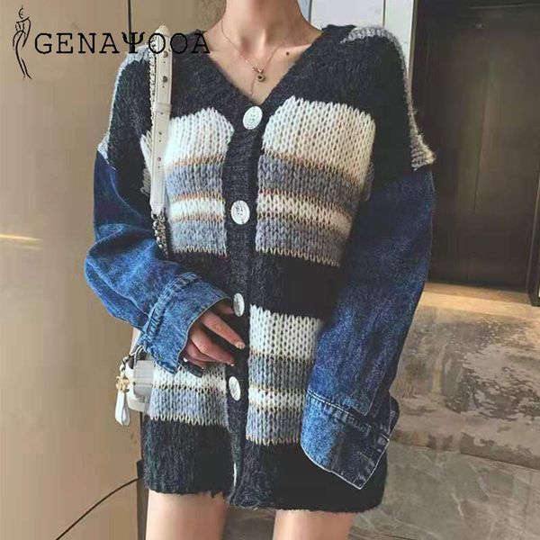 genayooa sweater knit women loose coat patchwork denim sleeve v neck striped cardigan feminino autumn winter 210417, White;black
genayooa sweater knit women loose coat patchwork denim sleeve v neck striped cardigan feminino autumn winter 210417, White;black