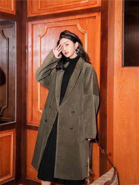 women's wool & blends retro double-breasted corduroy windbreaker mid-long loose overcoat autumn, Black
women's wool & blends retro double-breasted corduroy windbreaker mid-long loose overcoat autumn, Black