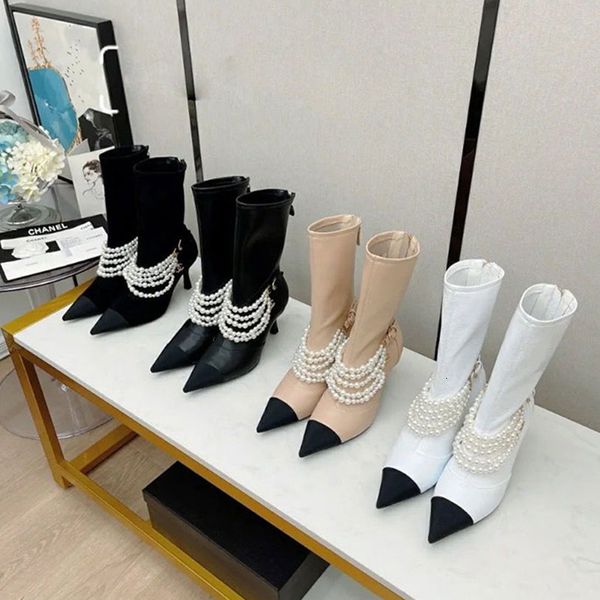 pointed short boots 2021 autumn and winter pearl stitched small fragrant medium tube back zipper thin heel women's boots, Black
pointed short boots 2021 autumn and winter pearl stitched small fragrant medium tube back zipper thin heel women's boots, Black