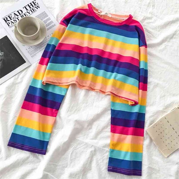 spring autumn women's long-sleeved shirt o-neck patchwork striped rainbow colors loose short shirts woman tees female pl043 210506, White
spring autumn women's long-sleeved shirt o-neck patchwork striped rainbow colors loose short shirts woman tees female pl043 210506, White