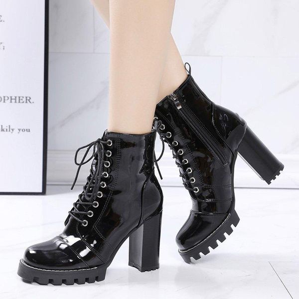 boots round toe leather thick high heels shoes woman lace up zip ladies short botas drop autumn ankle for women patent, Black