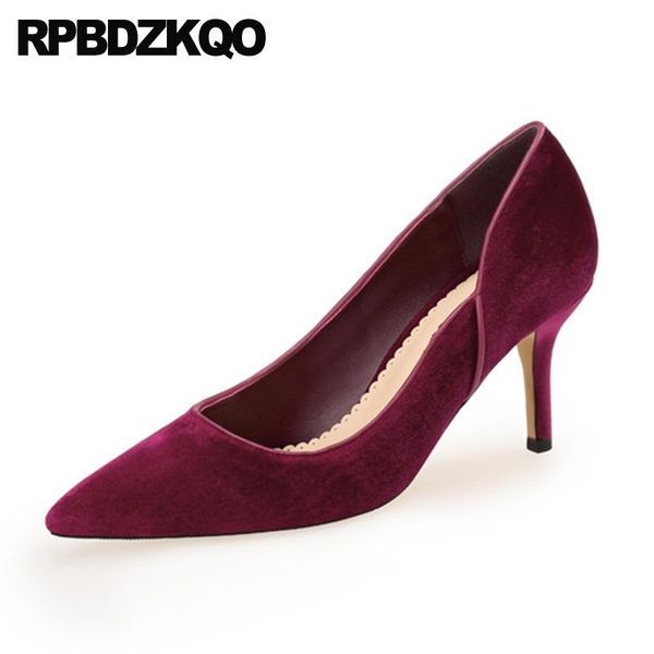 stiletto wine red pointed toe 8cm high heels pumps black european designer shoes runway women 12 44 13 45 velvet plus size 33 dress