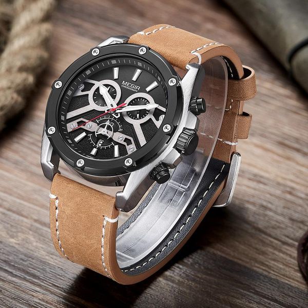wristwatches megir fashion mens watches big dial military quartz watch leather waterproof sport chronograph men, Slivery;brown
wristwatches megir fashion mens watches big dial military quartz watch leather waterproof sport chronograph men, Slivery;brown