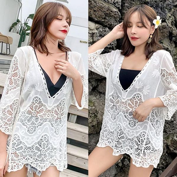 ladies blouses summer beach style deep v-neck knitted hollow flare sleeve lace embroidery casual wild women's & shirts, White
ladies blouses summer beach style deep v-neck knitted hollow flare sleeve lace embroidery casual wild women's & shirts, White