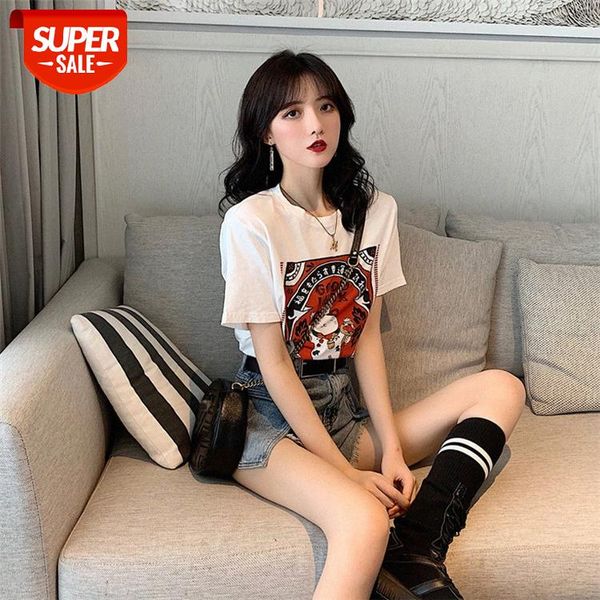 net red lucky cat print loose bottoming shirt new korean style lazy short-sleeved t-shirt women #hw74, White
net red lucky cat print loose bottoming shirt new korean style lazy short-sleeved t-shirt women #hw74, White