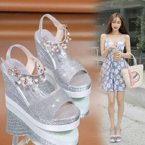 34-40 size summer women shoe 9cm heel height open toe sandals fashion wedges pearl bling peep-toe easy match, Black
34-40 size summer women shoe 9cm heel height open toe sandals fashion wedges pearl bling peep-toe easy match, Black