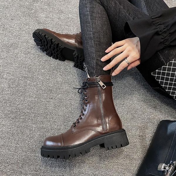 genuine cow leather boots thick-soled ankle british style lace-up round toe zipper flat, Black
genuine cow leather boots thick-soled ankle british style lace-up round toe zipper flat, Black