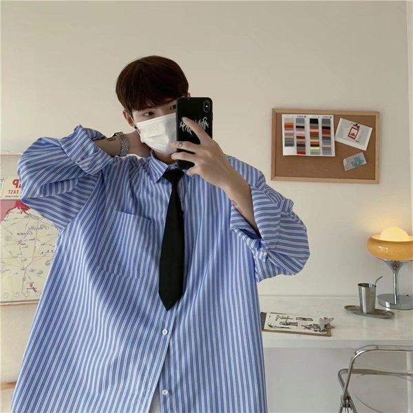 men's casual shirts blue striped long-sleeved shirt autumn japanese trendy brand thin korean style loose jacket, White;black
men's casual shirts blue striped long-sleeved shirt autumn japanese trendy brand thin korean style loose jacket, White;black