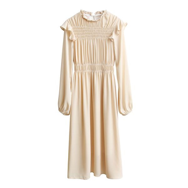 spring autumn black white beige chiffon long sleeve ruffle knee length dress loose d1590 210514, Black;gray
spring autumn black white beige chiffon long sleeve ruffle knee length dress loose d1590 210514, Black;gray