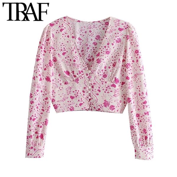 women fashion with buttons floral print cropped blouse vintage deep v neck long sleeve female shirts chic 210507, White
women fashion with buttons floral print cropped blouse vintage deep v neck long sleeve female shirts chic 210507, White