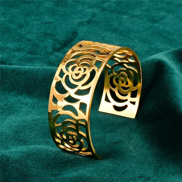 charm bracelets luxury stainless steel wide hollow camellia bracelet women personality c-shaped adjustable opening fashion jewelry z388, Golden;silver
charm bracelets luxury stainless steel wide hollow camellia bracelet women personality c-shaped adjustable opening fashion jewelry z388, Golden;silver