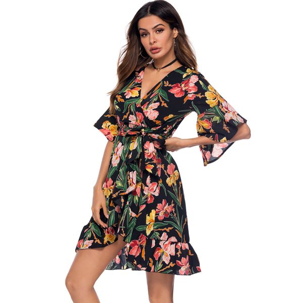 

women boho short mini dress summer floral printed v-neck bow knot beachwear sundress ladies short sleeve ruffles loose vestidos 210426, Black;gray