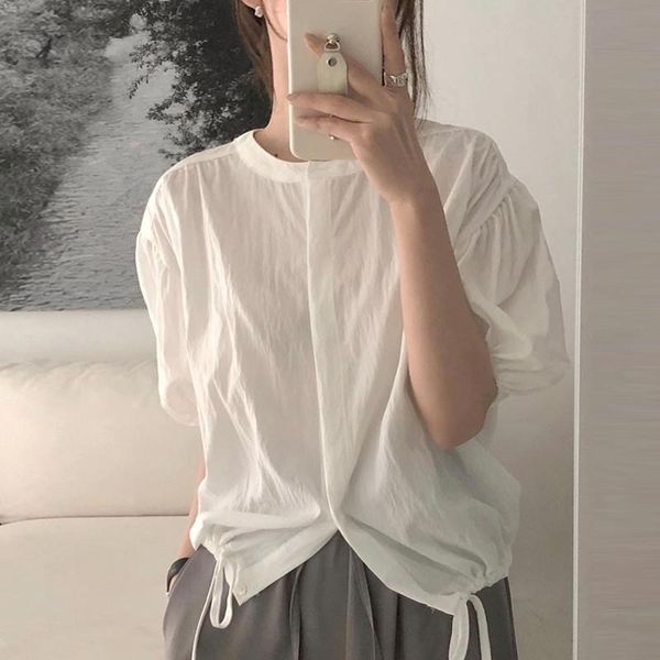 women's blouses & shirts korean chic niche temperament round neck single-breasted drawstring tie design loose solid color all-match puf, White
women's blouses & shirts korean chic niche temperament round neck single-breasted drawstring tie design loose solid color all-match puf, White
