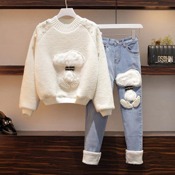 women's tracksuits plus size cute dog appliques 2 piece set women autumn winter warm fleece beaded sweashirt and denim long pants suits, Gray
women's tracksuits plus size cute dog appliques 2 piece set women autumn winter warm fleece beaded sweashirt and denim long pants suits, Gray