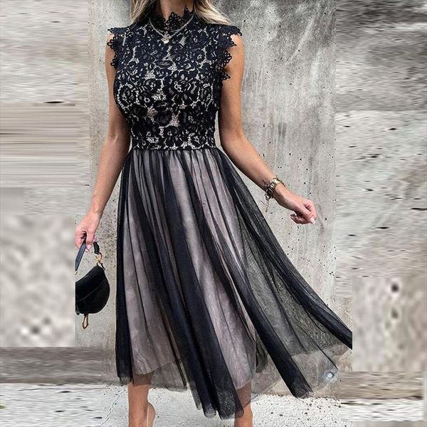 elegant mesh patchwork party fashion women dresses sleeveless beach embroidery lace turtleneck long vestidos, Black;gray
elegant mesh patchwork party fashion women dresses sleeveless beach embroidery lace turtleneck long vestidos, Black;gray
