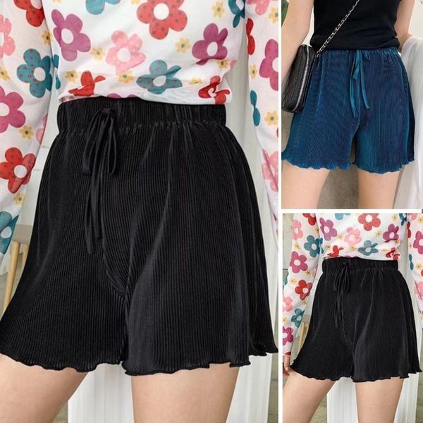 women's shorts solid color pleated women elastic waist loose pants trousers, White;black
women's shorts solid color pleated women elastic waist loose pants trousers, White;black