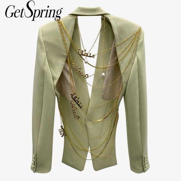 getspring women blazer single button long sleeve ladies coat metal letter chain backless women's suit jacket 210601, White;black
getspring women blazer single button long sleeve ladies coat metal letter chain backless women's suit jacket 210601, White;black