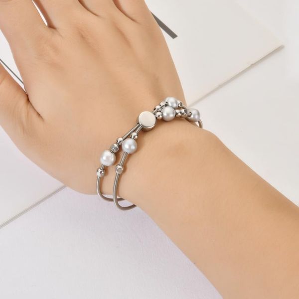 charm bracelets elastic spring wire line pearl beads stainless steel cable stretch bracelet bangles for women twisted cuff jewelry, Golden;silver