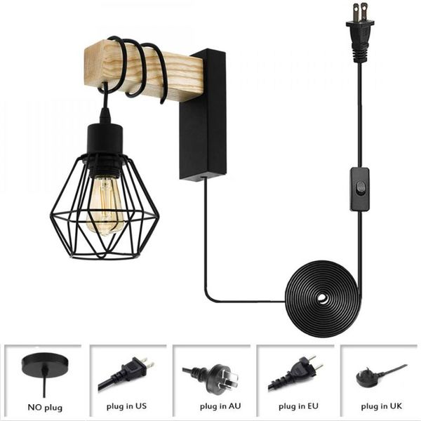 wall lamp wooden plug in sconces with cord and on/off switch, vintage black metal cage mount light, industrial lighting
wall lamp wooden plug in sconces with cord and on/off switch, vintage black metal cage mount light, industrial lighting