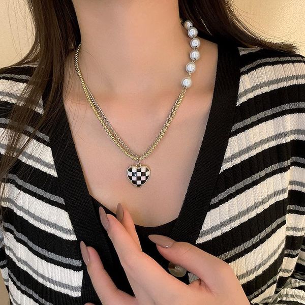 chains pearl drop oil black and white checkered heart pendant necklace checkerboard double chain choker simple for women, Silver
chains pearl drop oil black and white checkered heart pendant necklace checkerboard double chain choker simple for women, Silver