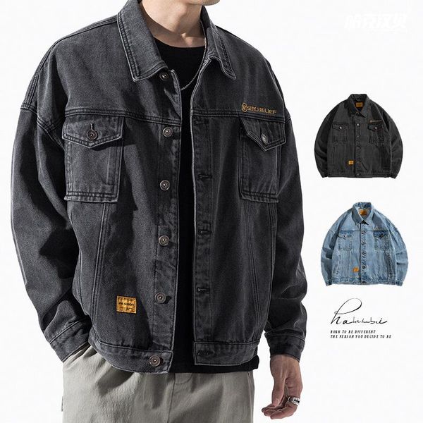 men's jackets blue denim pockets jacket spring and autumn japanese male korean version trend student wild loose overalls coat, Black;brown
men's jackets blue denim pockets jacket spring and autumn japanese male korean version trend student wild loose overalls coat, Black;brown