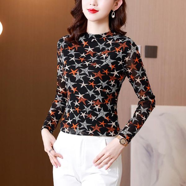 women's blouses & shirts fashion bottom shirt 2021 autumn half high neck long-sleeve t-shirt women print net gauze ladies clothes elega, White
women's blouses & shirts fashion bottom shirt 2021 autumn half high neck long-sleeve t-shirt women print net gauze ladies clothes elega, White
