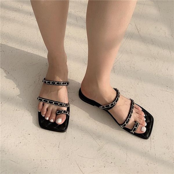 slippers women metal chain flat slides with toe divider square gingham shoes, Black
slippers women metal chain flat slides with toe divider square gingham shoes, Black