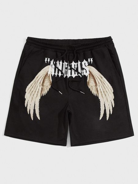 men letter & wings print drawstring shorts r3wq#, Black 
men letter & wings print drawstring shorts r3wq#, Black