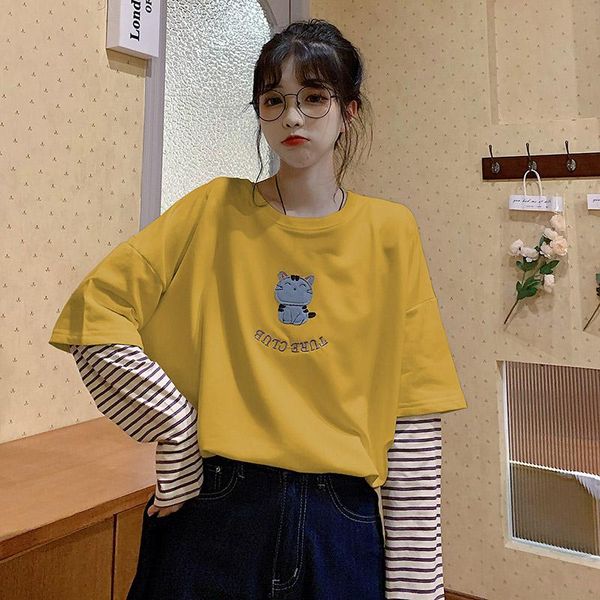 women's t-shirt t-shirts japanese kawaii ulzzang casual fake two-piece cat print female korean harajuku clothes for women, White
women's t-shirt t-shirts japanese kawaii ulzzang casual fake two-piece cat print female korean harajuku clothes for women, White