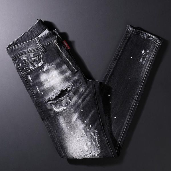 men's jeans street style fashion men black color slim fit destroyed ripped patch designer hip hop splashed denim punk pants, Blue
men's jeans street style fashion men black color slim fit destroyed ripped patch designer hip hop splashed denim punk pants, Blue