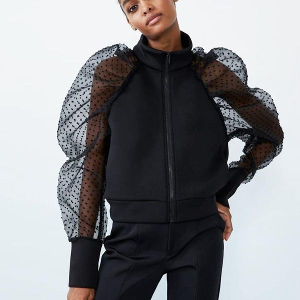 women's hoodies & sweatshirts polka dot sheer mesh long puff sleeve shirt blouse zipper coat, Black
women's hoodies & sweatshirts polka dot sheer mesh long puff sleeve shirt blouse zipper coat, Black