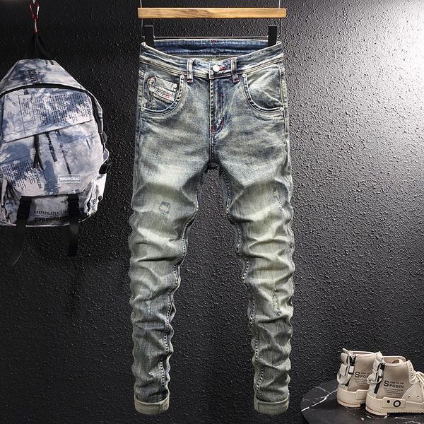 men's jeans italian style fashion men retro elastic slim fit ripped distressed vintage designer stretch casual denim pants, Blue
men's jeans italian style fashion men retro elastic slim fit ripped distressed vintage designer stretch casual denim pants, Blue
