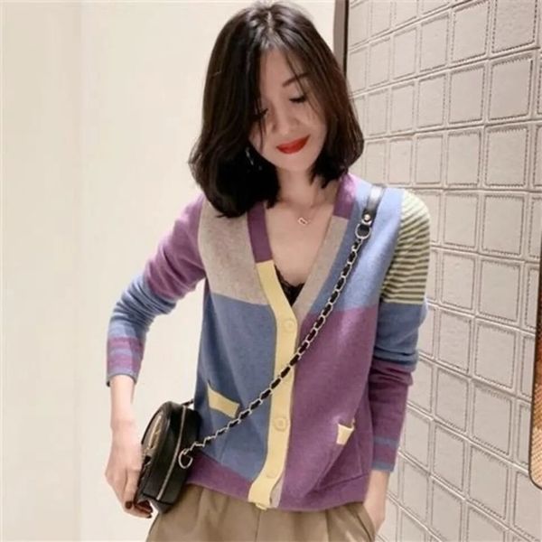 color matching 2021 spring autumn new korean version loose and stitching v-neck thin sweater coat women, Black
color matching 2021 spring autumn new korean version loose and stitching v-neck thin sweater coat women, Black