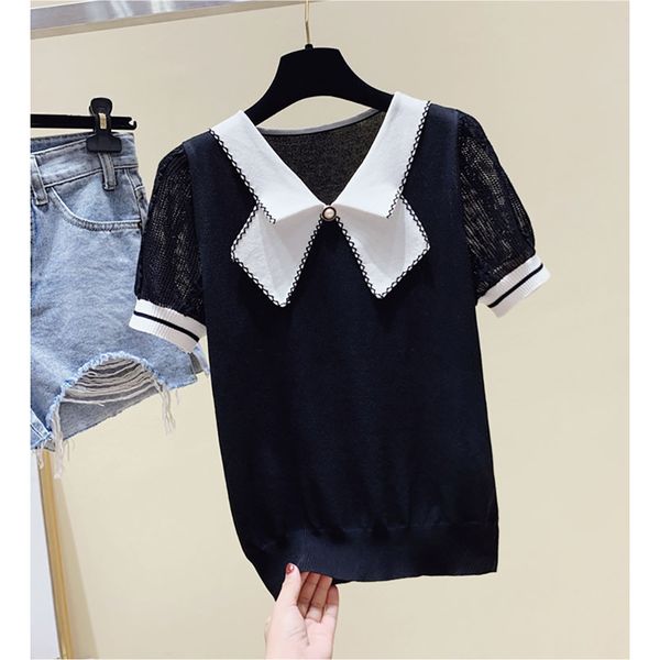 summer patchwork bow pearl button knitted short sleeve pullovers women thin mesh sleeve sweater woman, White;black
summer patchwork bow pearl button knitted short sleeve pullovers women thin mesh sleeve sweater woman, White;black